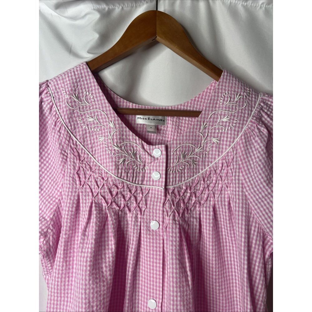 Miss Elaine Seersucker Gingham Checkered Short Sleeve Snap Front Robe Pink S - Picture 3 of 8
